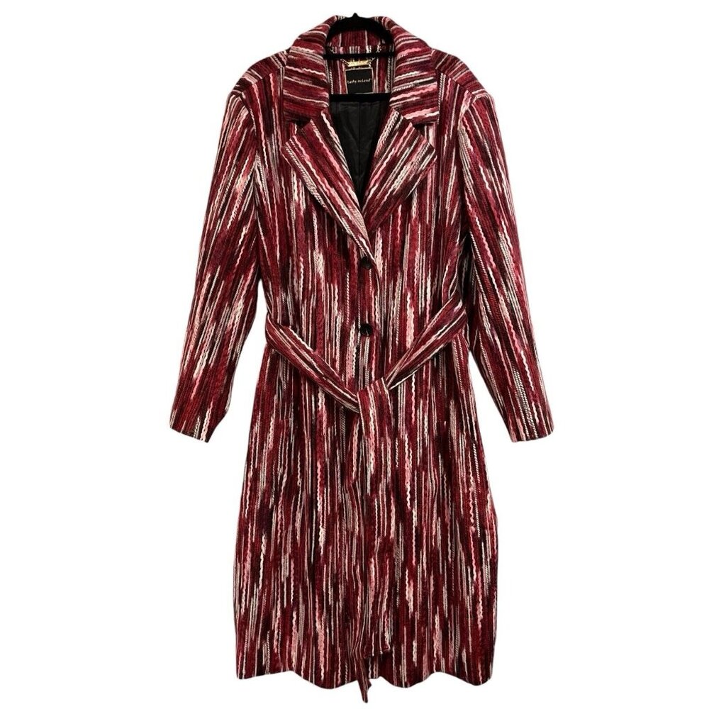 Kathy Ireland Coat Womens 2X Red Multi Pattern 360 Faux Wool Duster Boho Hippie